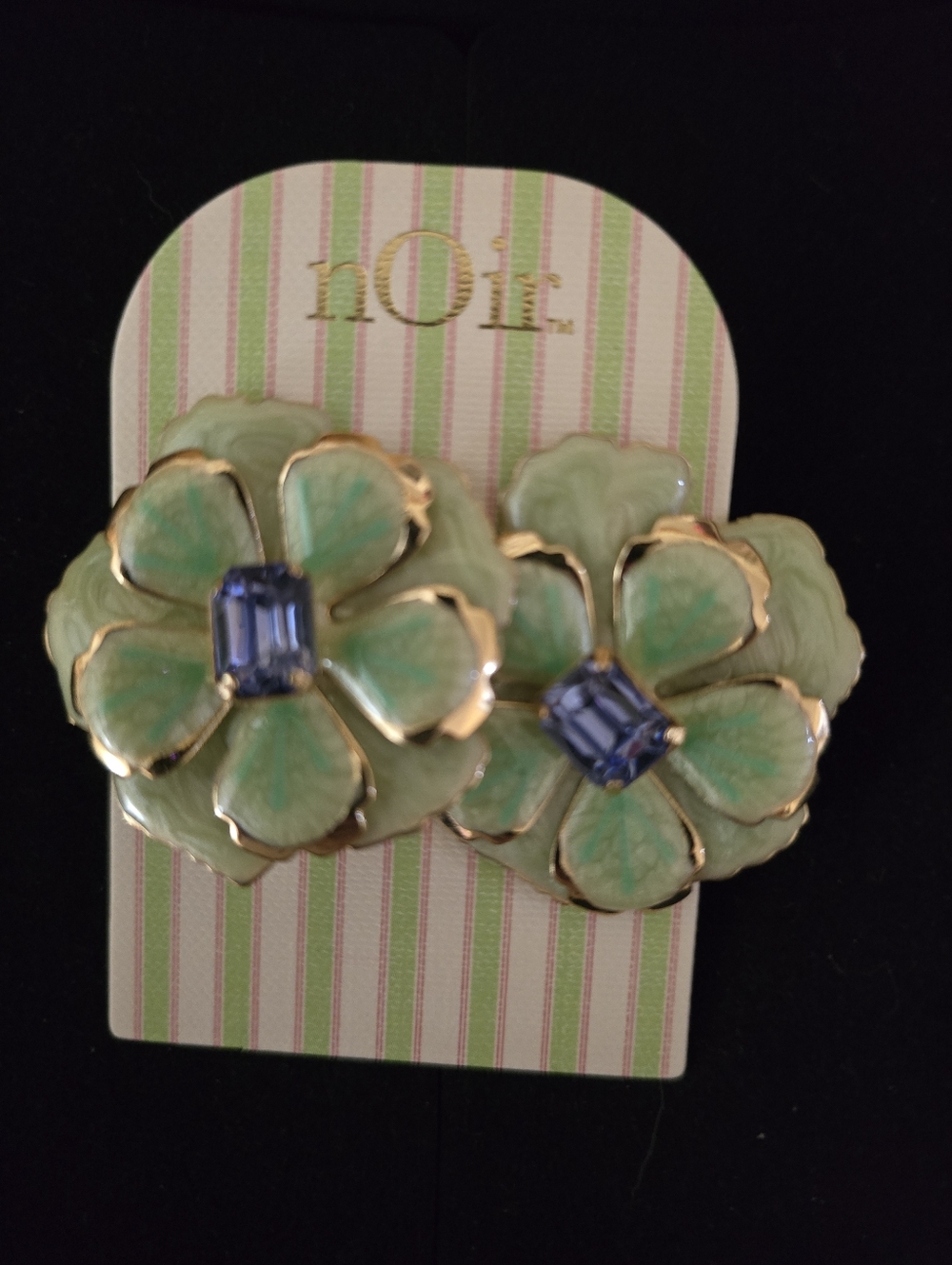 nOir Green Enamel Flower Clip-on Earrings with Blue Stones